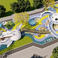 Vibrant Children's Play Area With Colorful Ground Slides Climbing Structures White Domes And Trees