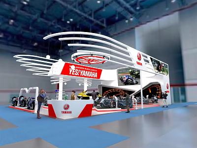 Yamaha Exhibition Booth Featuring Curved Canopy Displaying Motorcycles And Brand Logos 3d model