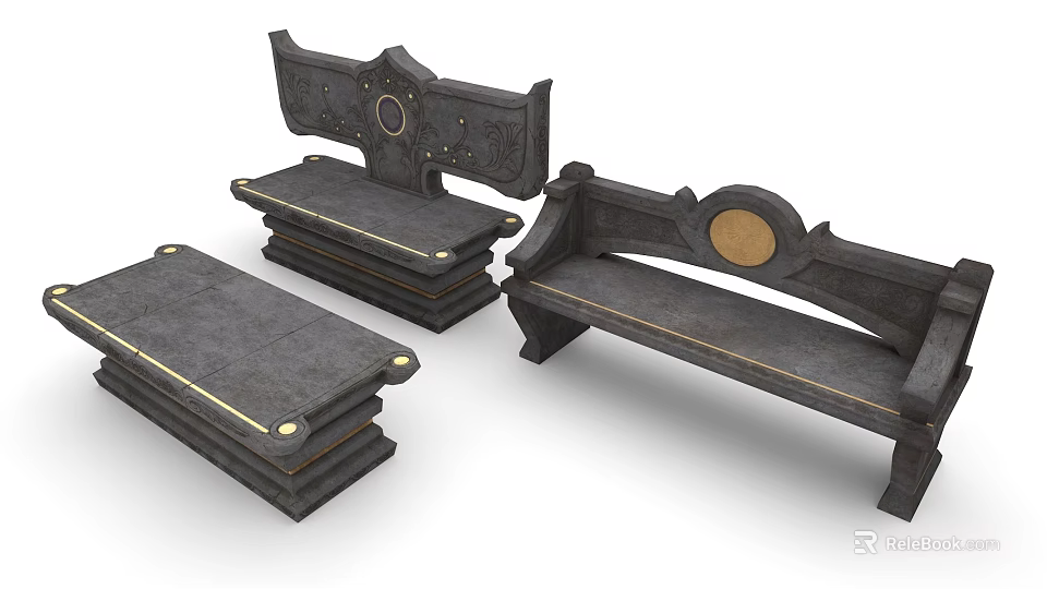 Dark Colored Leisure Chairs With Carved Details And Circular Golden Accents 3d model 