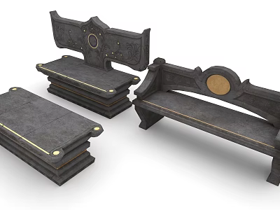 Dark Colored Leisure Chairs With Carved Details And Circular Golden Accents 3d model