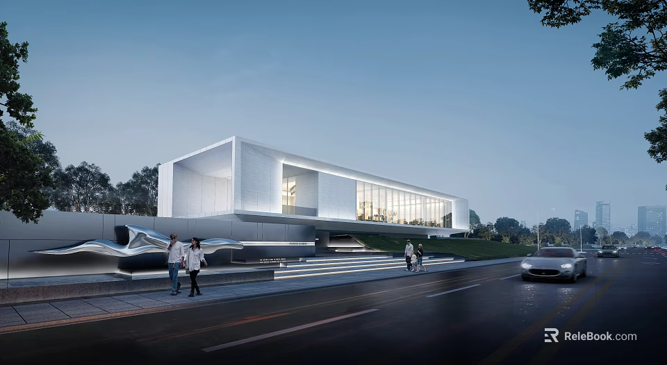 Modern Sales Office Building Exterior With Glass Curtain Wall Pedestrians And Roadside Lighting 3d model 