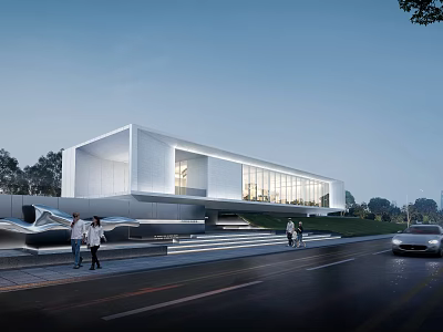 Modern Sales Office Building Exterior With Glass Curtain Wall Pedestrians And Roadside Lighting 3d model