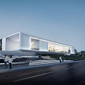 Modern Sales Office Building Exterior With Glass Curtain Wall Pedestrians And Roadside Lighting
