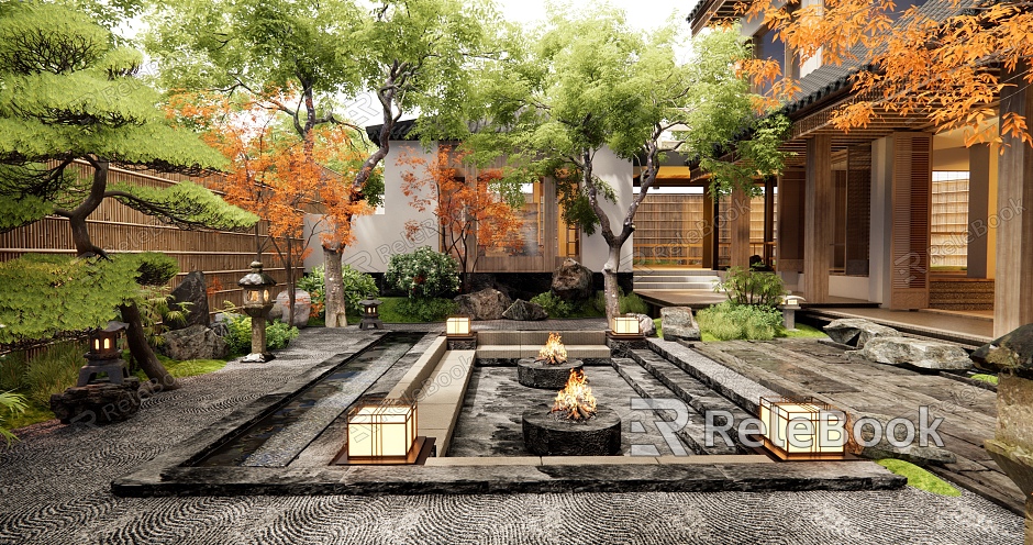 Japanese Homestay Courtyard Landscape Rural Courtyard Home Courtyard Plant Landscape Stone Landscape Tree Garden Light Outdoor Sofa Green Slab Ting Step model