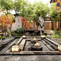 Japanese Courtyard Garden With Stone Lanterns Fire Pits Water Features And Autumn Trees