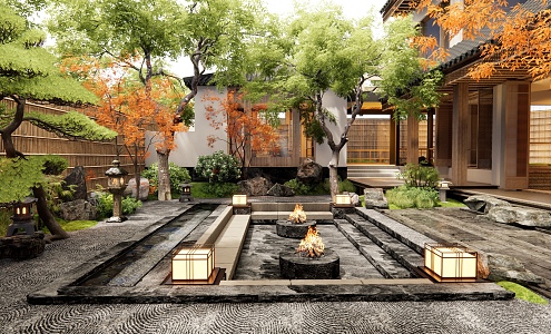 Japanese Homestay Courtyard Landscape Rural Courtyard Home Courtyard Plant Landscape Stone Landscape Tree Garden Light Outdoor Sofa Green Slab Ting Step 3d model