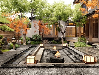 Japanese Homestay Courtyard Landscape Rural Courtyard Home Courtyard Plant Landscape Stone Landscape Tree Garden Light Outdoor Sofa Green Slab Ting Step 3d model