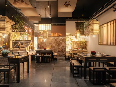 Traditional Japanese Restaurant Interior With Lanterns Wooden Elements Stone Wall And Long Tables 3d model