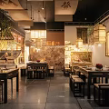 Traditional Japanese Restaurant Interior With Lanterns Wooden Elements Stone Wall And Long Tables