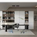 Modern Study Room Interior With Bookshelves Books Desk Chair Table Lamp Plant and Rug