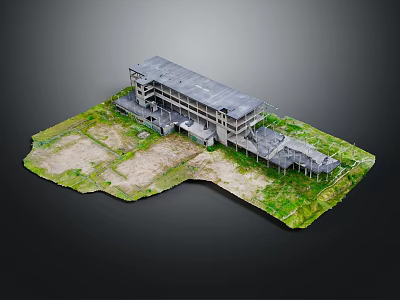 Cartoon Scene 3D Model Of Abandoned Multi Story Building With Gray Roof And Green Grassland 3d model