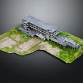 Cartoon Scene 3D Model Of Abandoned Multi Story Building With Gray Roof And Green Grassland