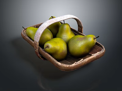 Wooden Storage Basket With Handle Holding Fresh Green Pears For Home Use 3d model