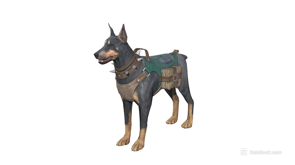 Doberman Pinscher Dog Wearing Tactical Harness With Green And Brown Gear 3d model 