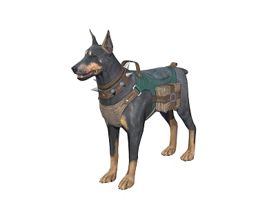 Doberman Pinscher Dog Wearing Tactical Harness With Green And Brown Gear 3d model