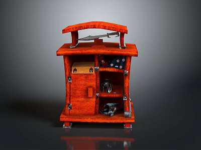 Orange Wooden Mobile Storage Cabinet With Curved Top And Multiple Shelves 3d model
