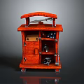 Orange Wooden Mobile Storage Cabinet With Curved Top And Multiple Shelves