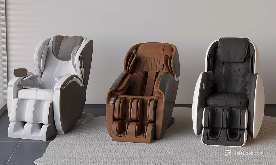 Three Different Colored Massage Chairs in White Brown Black with Modern Design 3d model 