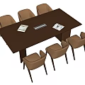 Dark Brown Conference Table With Six Beige Chairs And Magazines Documents In Office