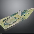 Detailed Ancient Ruins Model Featuring Circular Stone Structure Tower And Grassland