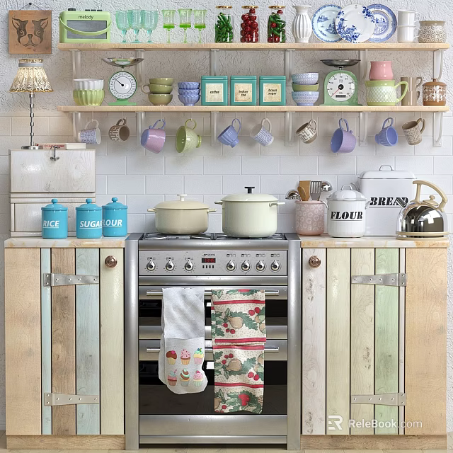 Vintage Kitchen Interior Featuring Pastel Mugs Shelves Pots Oven And Cabinets 3d model 