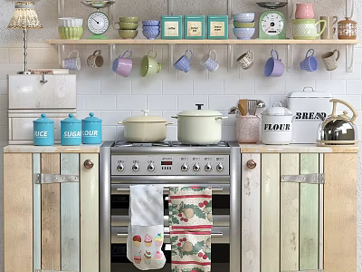Vintage Kitchen Interior Featuring Pastel Mugs Shelves Pots Oven And Cabinets 3d model