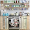 Vintage Kitchen Interior Featuring Pastel Mugs Shelves Pots Oven And Cabinets