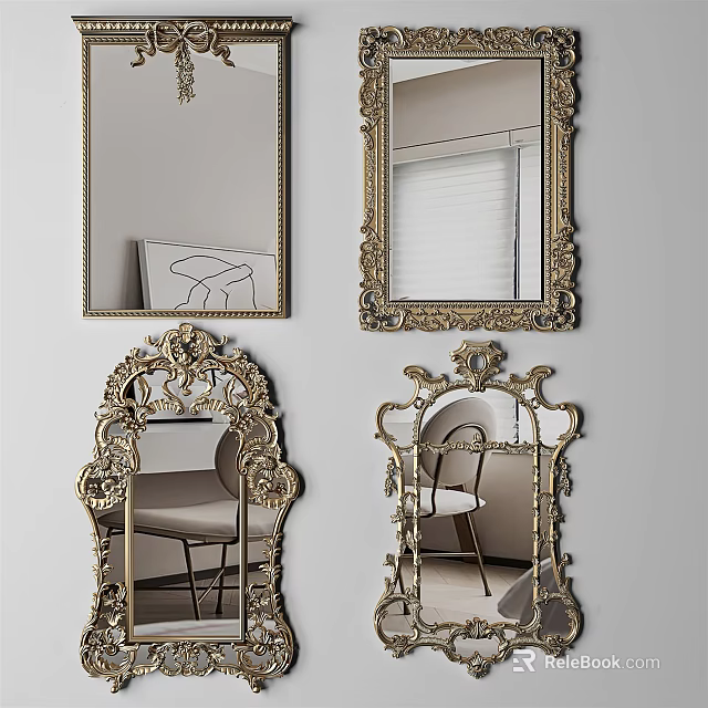 Ornate Decorative Mirrors With Intricate Golden Frames Reflecting Chairs And Interior 3d model 