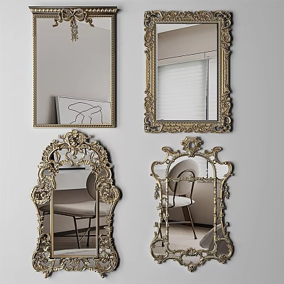 Ornate Decorative Mirrors With Intricate Golden Frames Reflecting Chairs And Interior 3d model