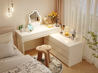 Modern White Dressing Table in Bedroom with Spiral Stool Decorative Mirror Cosmetics and Yellow Flowers 3d model