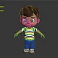 3D Model Boy With Colorful Striped Shirt Blue Pants And Brown Hair On Black Background
