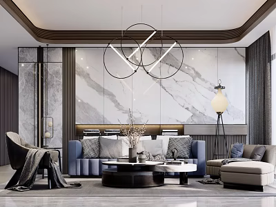 Modern Living Room With Blue Sofa Grey Armchair Coffee Table Set And Marble Wall 3d model