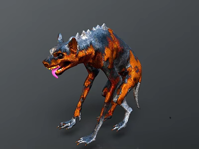 Fierce Orange And Black Hyena With Spiky Back Open Mouth And Pink Tongue 3d model