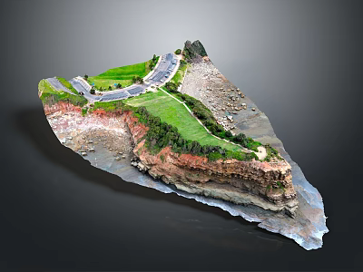 Realistic 3D Terrain Model With Curved Road Grassland Rocky Areas And Coastline 3d model