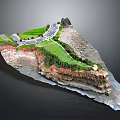 Realistic 3D Terrain Model With Curved Road Grassland Rocky Areas And Coastline