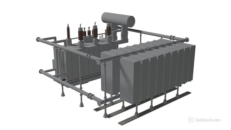 Industrial Power Transformer With Cylindrical Components Pipes Brackets And Rectangular Enclosures 3d model 