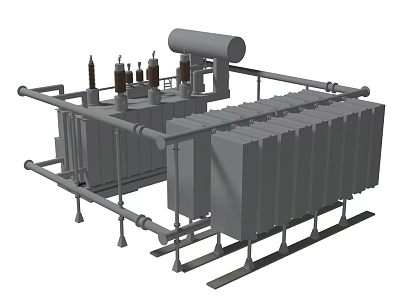 Industrial Power Transformer With Cylindrical Components Pipes Brackets And Rectangular Enclosures 3d model