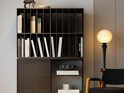 Modern Dark Bookcase With Vertical Slat Door Divided Shelves Books Decorative Pumpkin Decor Floor Lamp 3d model