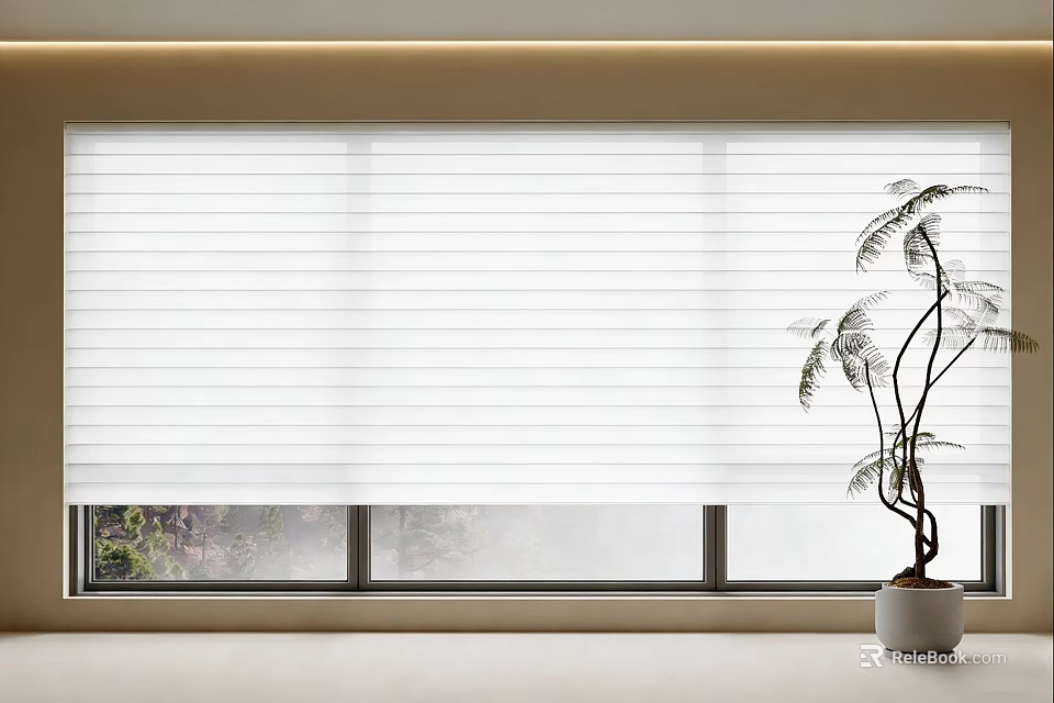 White Window Blinds in Modern Interior with Potted Green Plant 3d model 