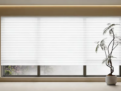 White Window Blinds in Modern Interior with Potted Green Plant 3d model