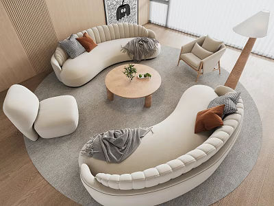 Elegant Modern Living Room Interior With Curved Sofa Round Coffee Table And Armchair 3d model
