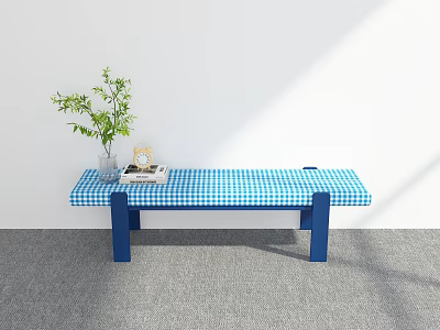 Blue White Checkered Bed Bench With Blue Legs Green Plant Vase Books And Small Decor 3d model
