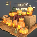 Happy Halloween Decorations With Jack O Lanterns Witch Hat And Wooden Platform