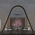 Elegant Hotel Lobby Interior With Arched Design Pink Cherry Blossom Tree And Bookshelf Walls