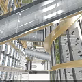 Elegant Front Desk Reception In Modern Lobby With Glass Curtain Walls And Golden Curved Structures