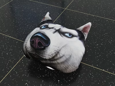 Realistic Husky Head Shaped Pillow With Blue Eyes And Black White Fur 3d model
