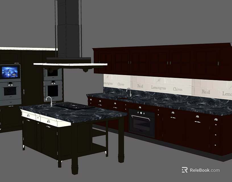 Modern Dark Brown Kitchen Cabinets With Black Countertop Island And Appliances 3d model 