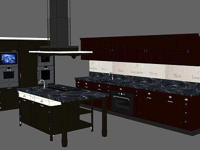 Modern Dark Brown Kitchen Cabinets With Black Countertop Island And Appliances 3d model