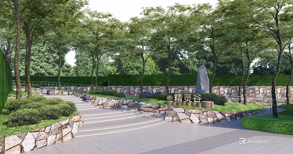 Park Landscape With Stone Steps Stone Walls Green Hedges Trees And Elf Valley Sign 3d model 