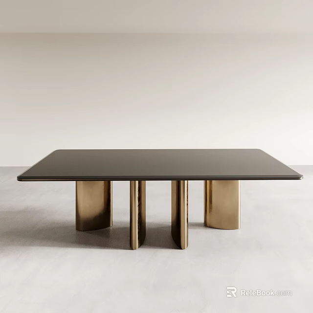 Modern Minimalist Office Desk With Black Tabletop And Gold Cylindrical Legs 3d model 
